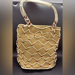 Sharif taupe tote bag with tan mesh and amber bead appointments NWT